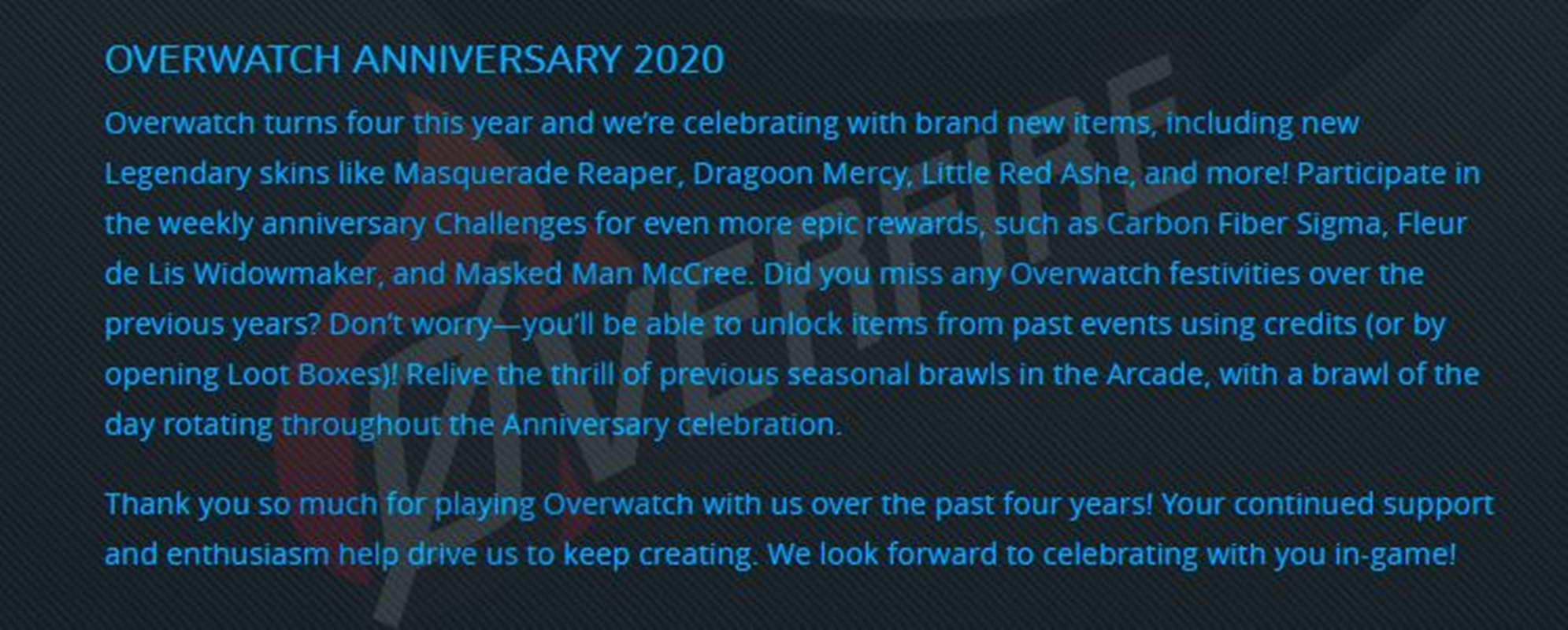 Overwatch Anniversary kostümleri